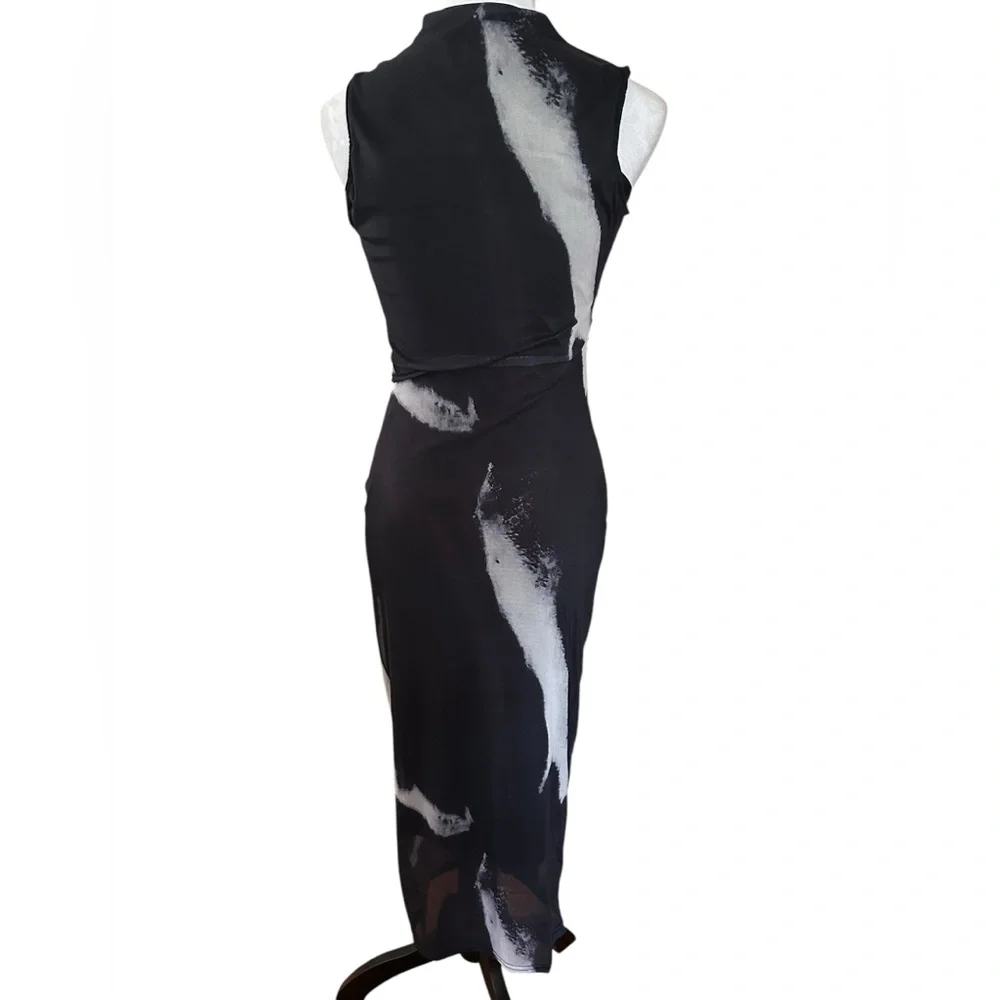 Black White SMALL Summer Tie-Dye Printed Mesh Sleeveless Dress - Picture 4 of 10